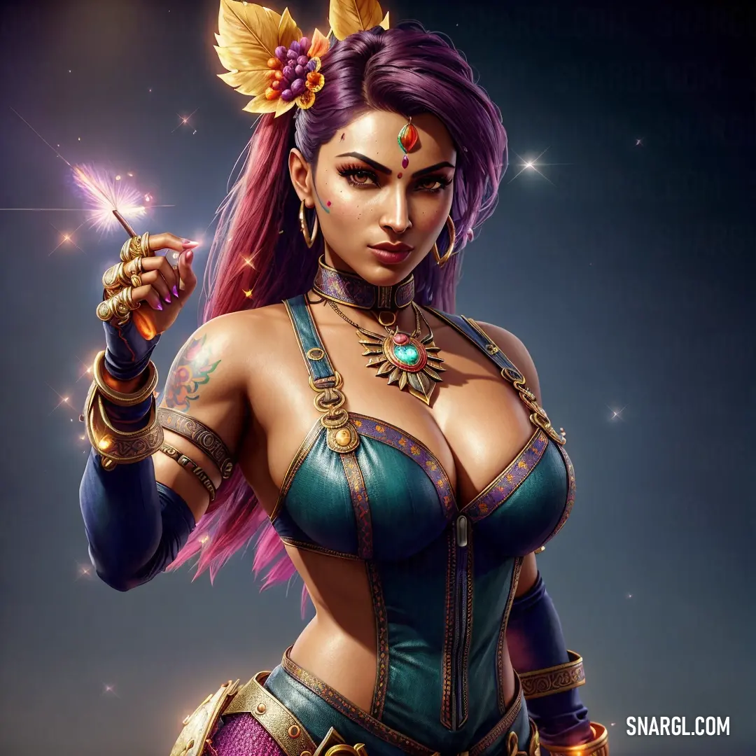 Woman with purple hair and a blue bra top holding a cigarette in her hand and wearing a gold and green outfit