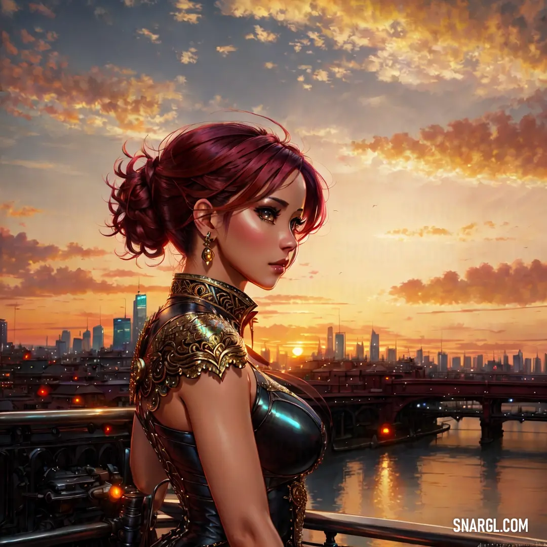 Woman with red hair and a body of water in front of a city skyline at sunset