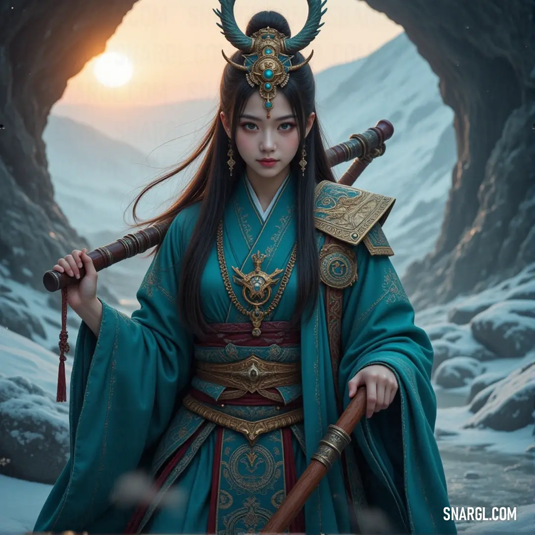 A powerful goddess in a green dress, with a horned headdress and staff, stands ready to confront any challenge in her path. A warrior goddess dons a vibrant green dress, confidently holding a staff in one hand. A horned headdress crowns her, adding to her fierce yet regal appearance as she stands ready to face any challenge.