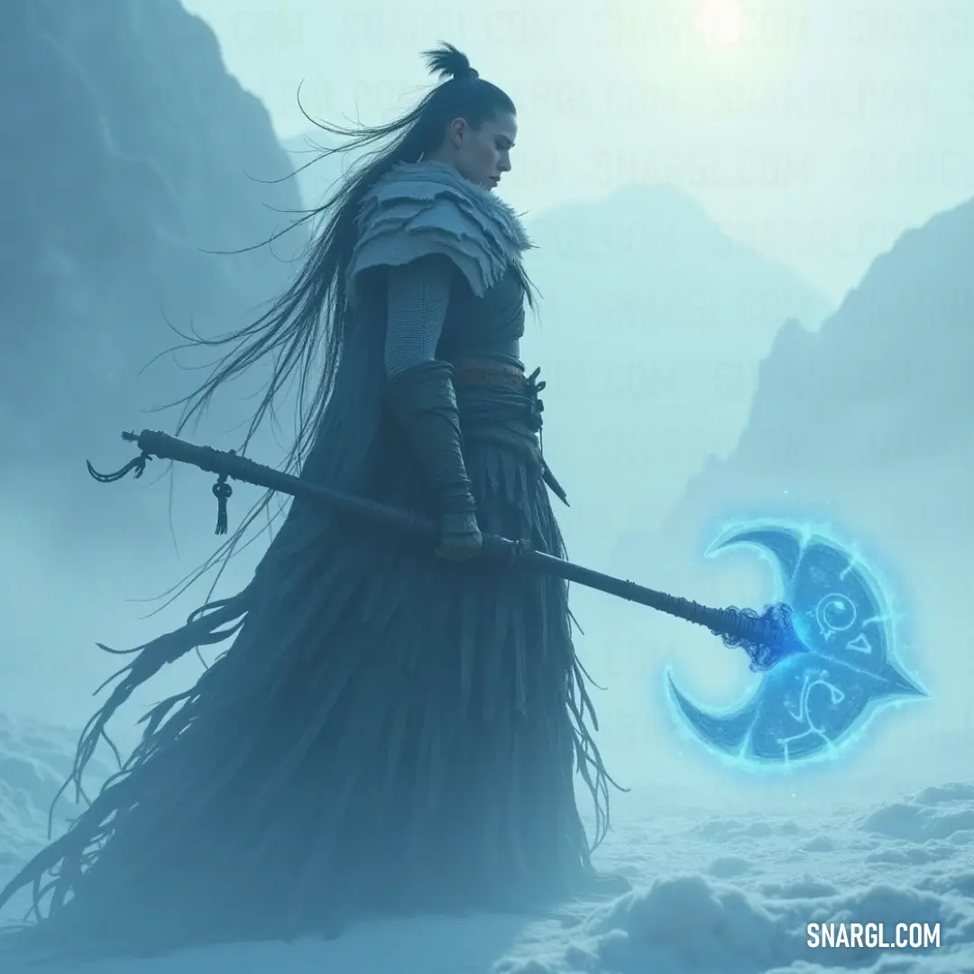 Amaterasu, standing tall in the snow, holds her staff aloft against a majestic mountain range. Her presence in this frozen world symbolizes strength, grace, and the stillness of winter's power. Amaterasu, draped in a long, flowing dress, stands in a snow-covered landscape, her staff held high against the backdrop of towering mountains and the untouched purity of winter's embrace.