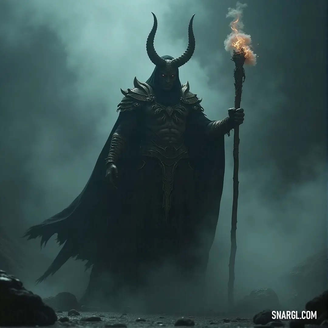 A horned figure holding a flaming staff walks through a foggy environment, with his surroundings bathed in the flickering light of the flame. A horned figure, draped in a dark costume, holds a flaming staff as he strides through a fog-shrouded landscape. The dim glow from the flame casts eerie shadows on the mist-covered surroundings.