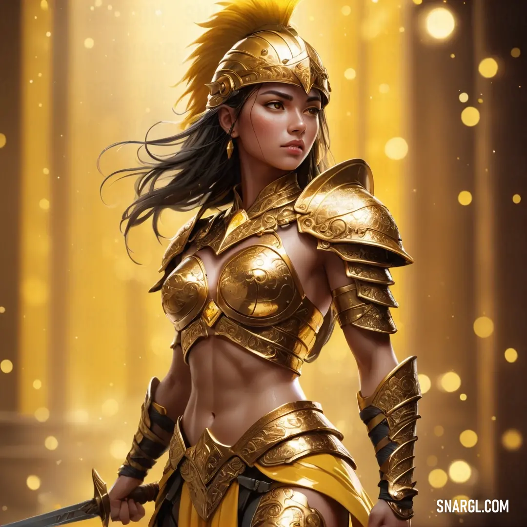 Amazon dressed in a gold armor and holding a sword in her hand