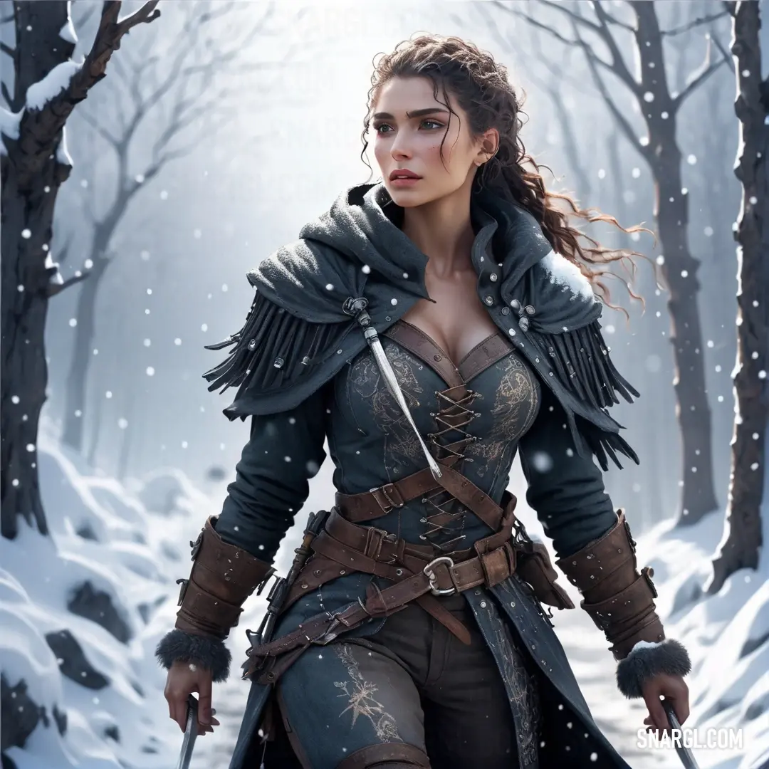 Amazon in a black outfit holding a sword in a snowy forest with trees and snow falling on the ground