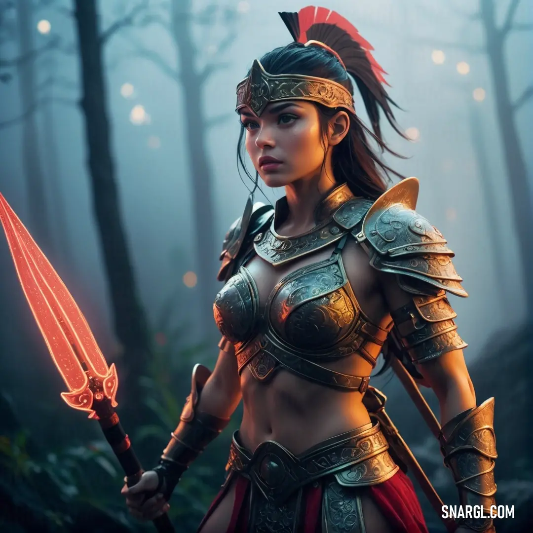 Amazon in a costume holding a sword in a forest with lights behind her