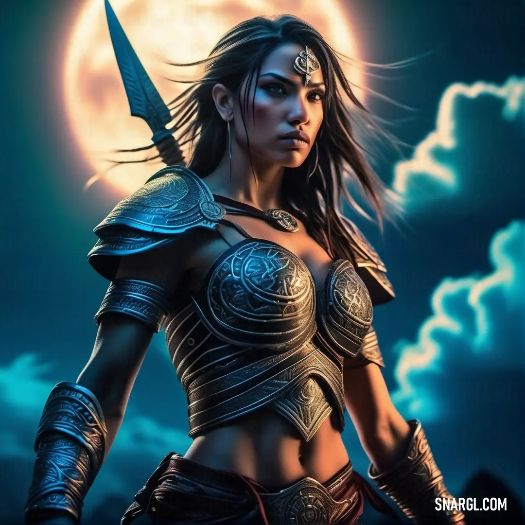 Amazon in a warrior outfit holding a sword in front of a full moon and clouds