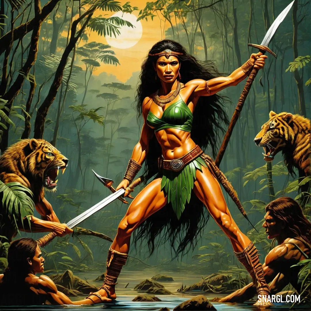 Amazon in a bikini holding a sword in a jungle with tigers and tigers around her