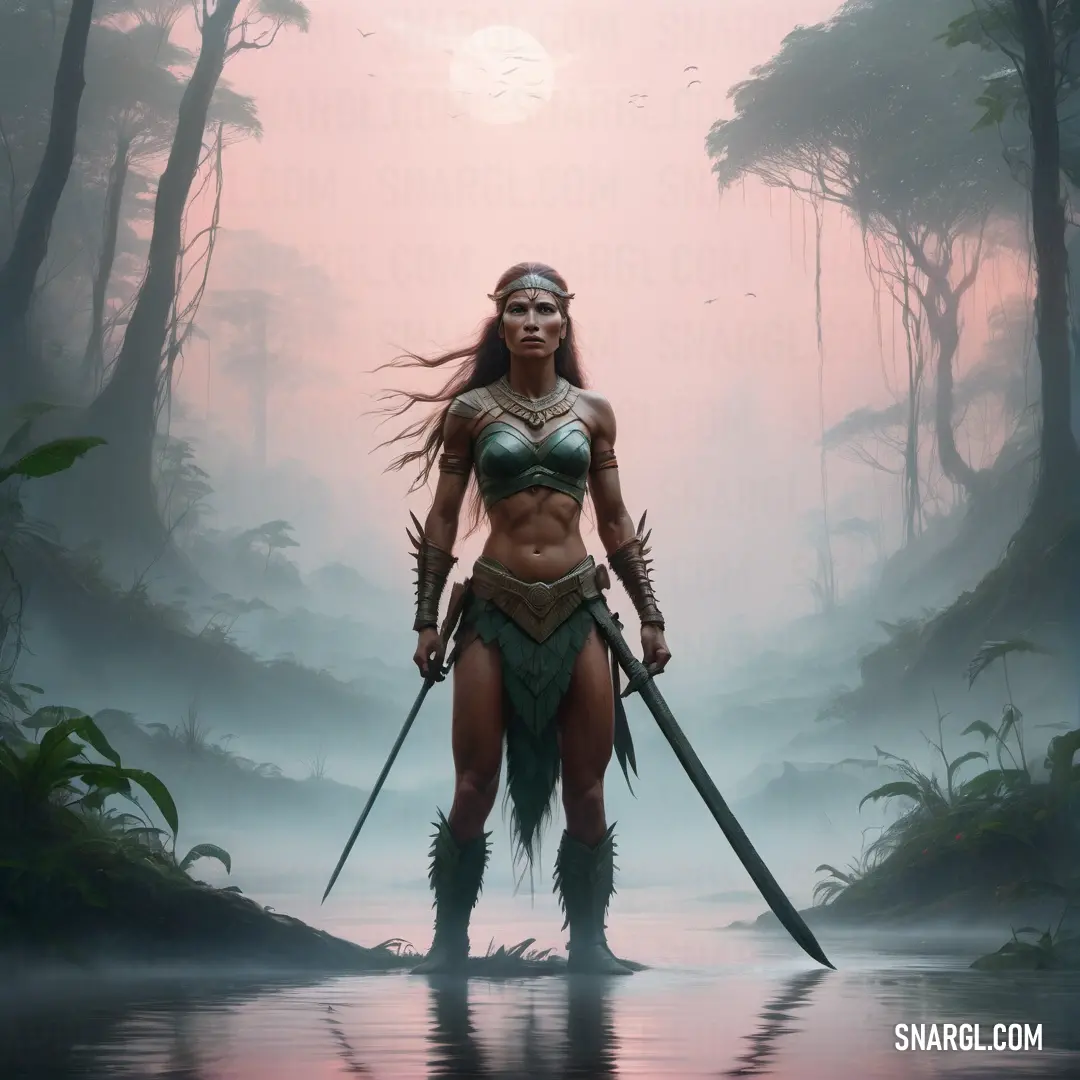 Amazon in a bikini holding two swords in a forest with a lake in front of her and a bird flying overhead