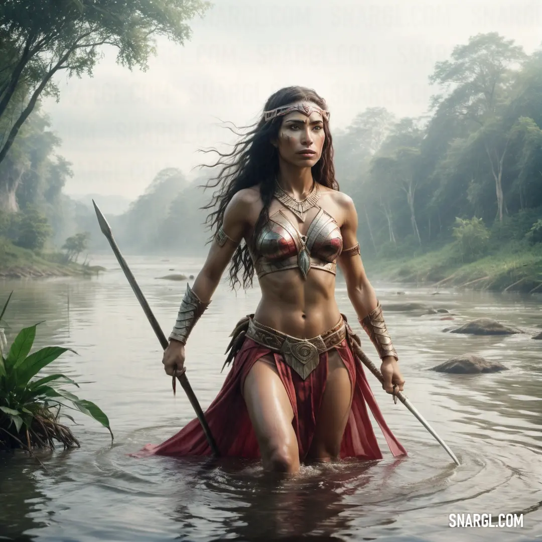 Amazon in a bikini and a sword in the water with trees in the background