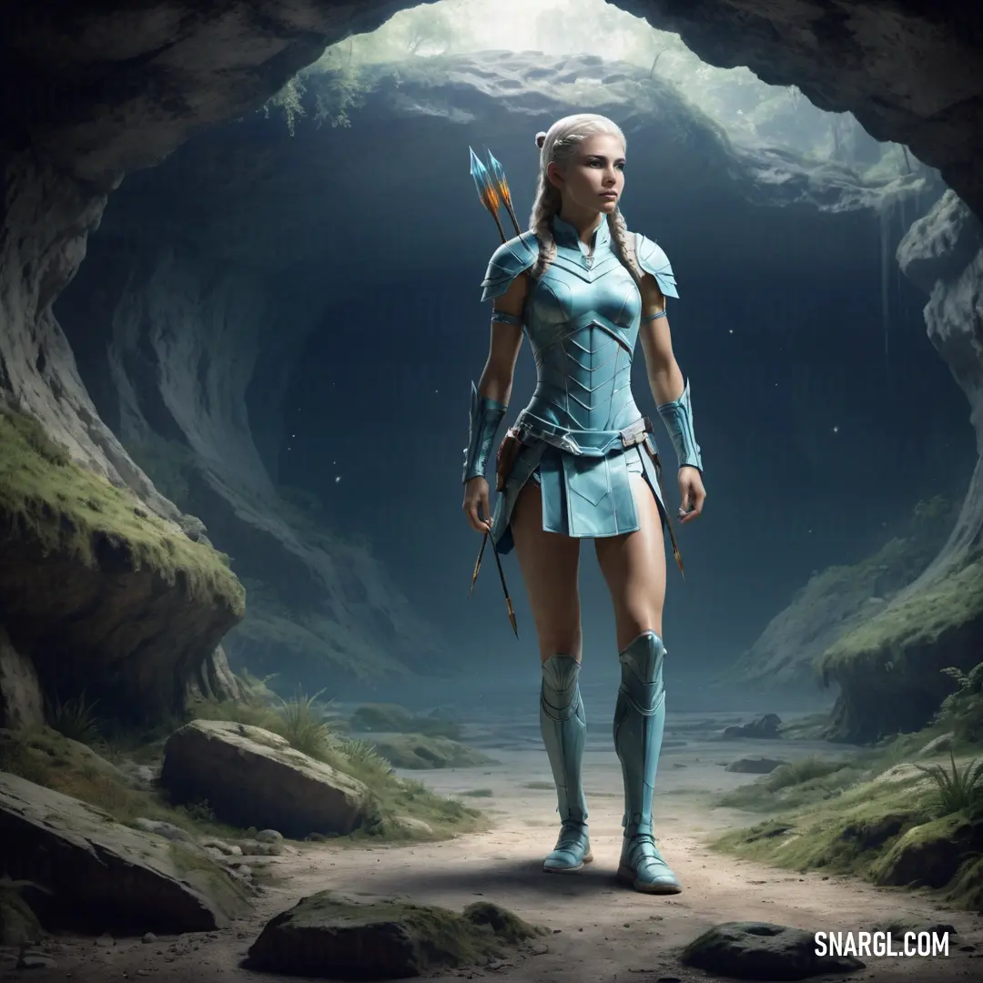 Amazon in a blue outfit holding a bow and arrow in a cave with a light shining on her