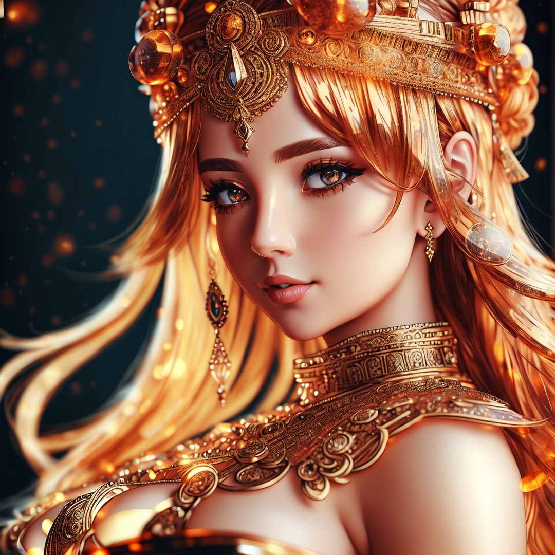Beautiful woman with a golden crown on her head and a gold necklace on her neck and shoulder