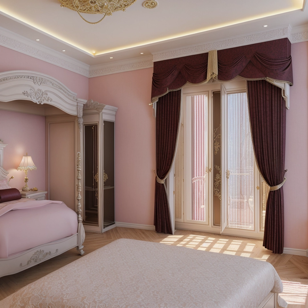 Bedroom with a pink wall and a white bed and a chandelier and a window with curtains