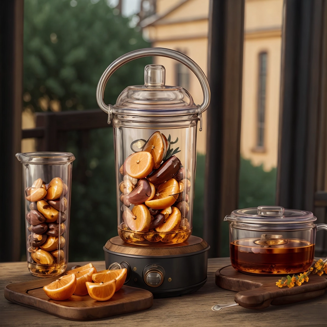 Blender filled with oranges and nuts on a table next to a glass container of tea and a wooden board