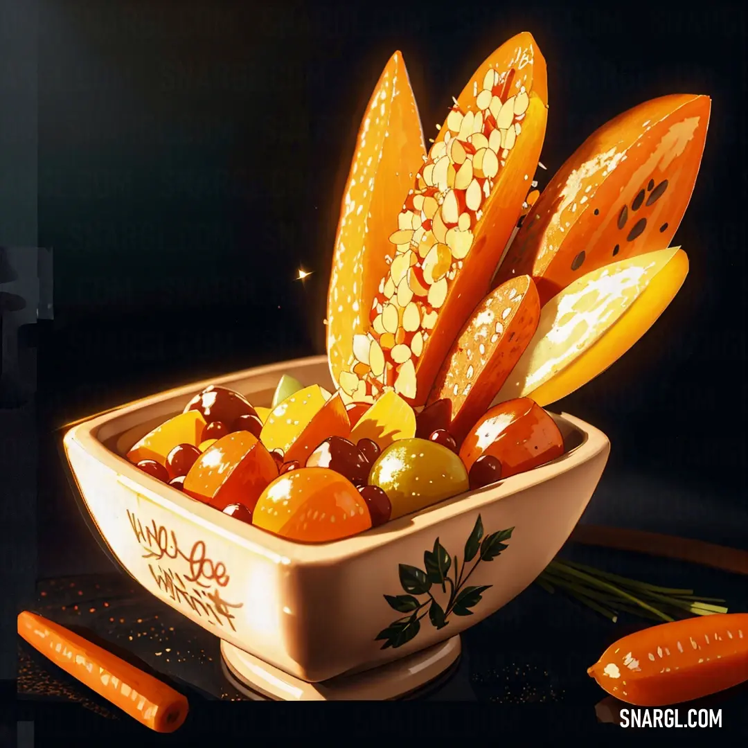Amber color example: Bowl of candy with oranges and candy canes around it and a black background behind it