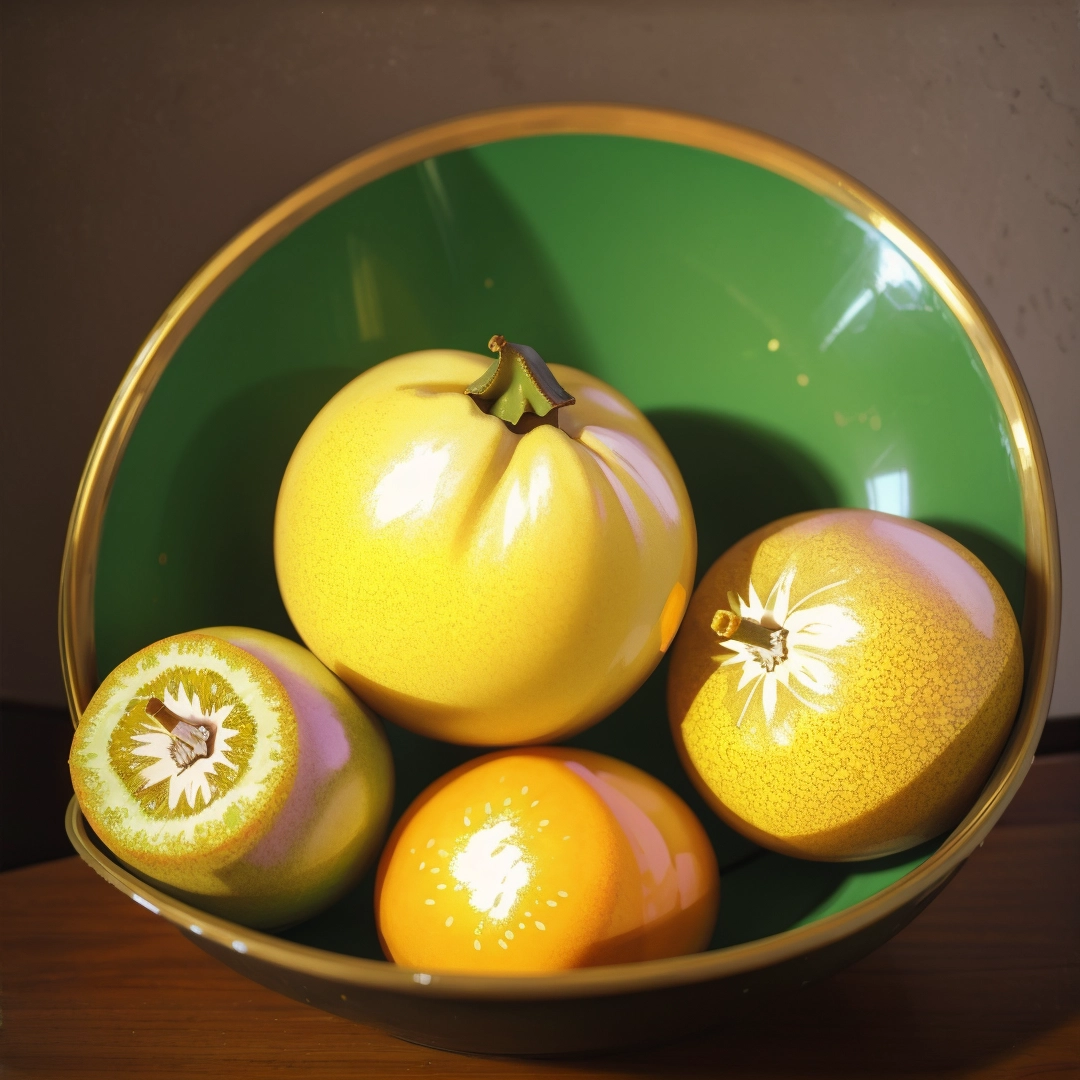 Bowl of fruit with a yellow tomato and oranges in it on a table top with a wall in the background