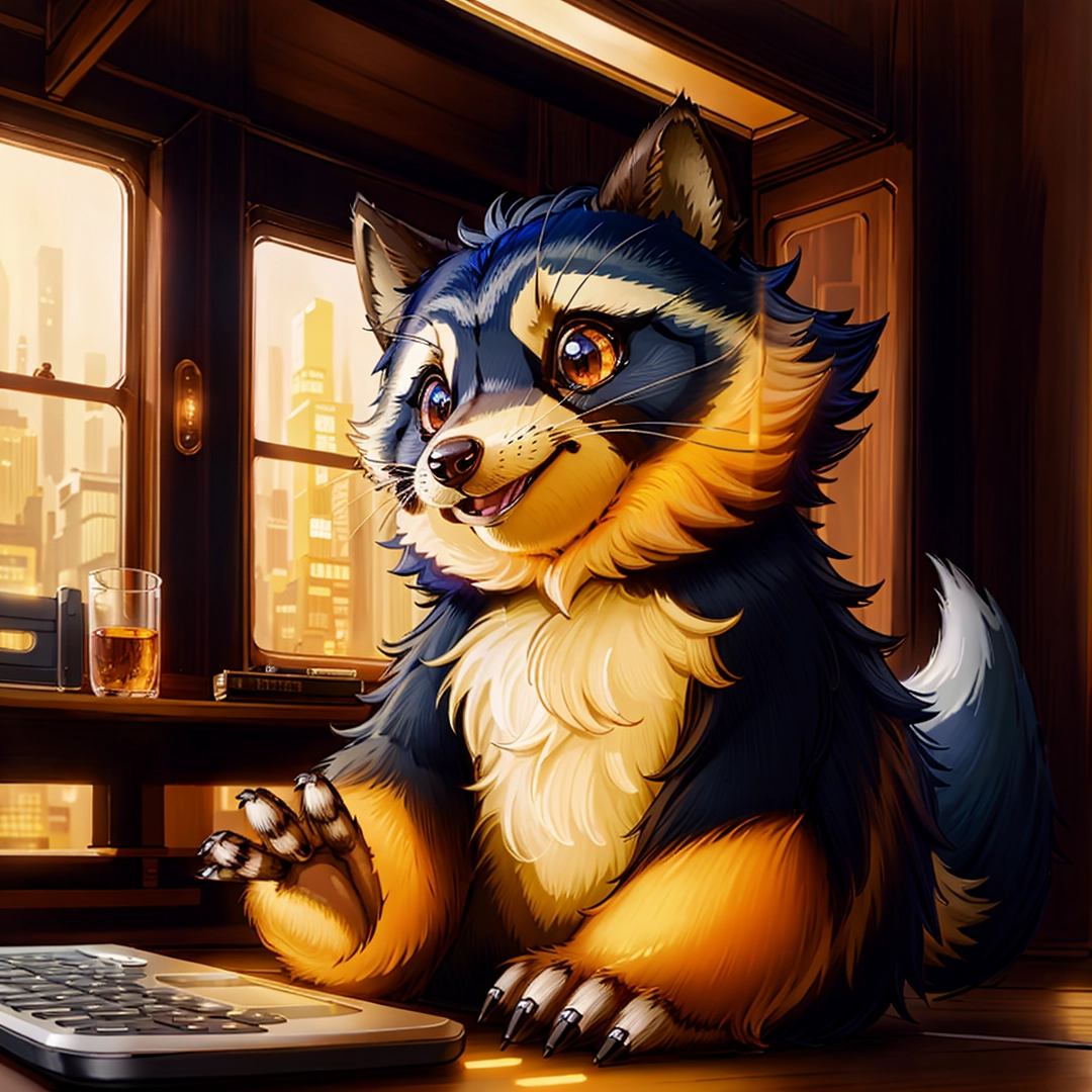 Cartoon raccoon next to a keyboard and a window with a city view behind it and a drink in the foreground