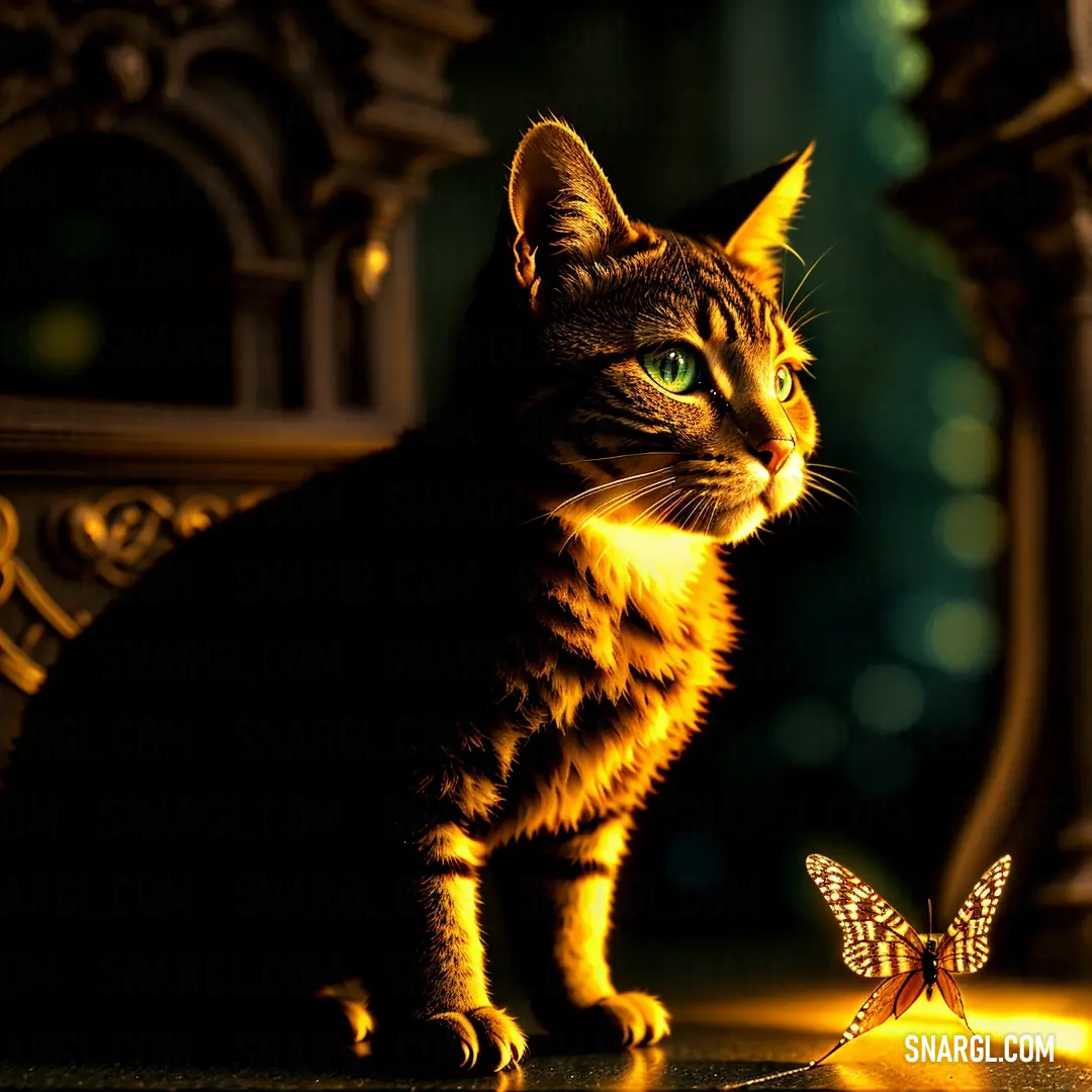 Cat on a table next to a butterfly on the ground in a dark room with a light shining on it. Example of #FFBF00 color.