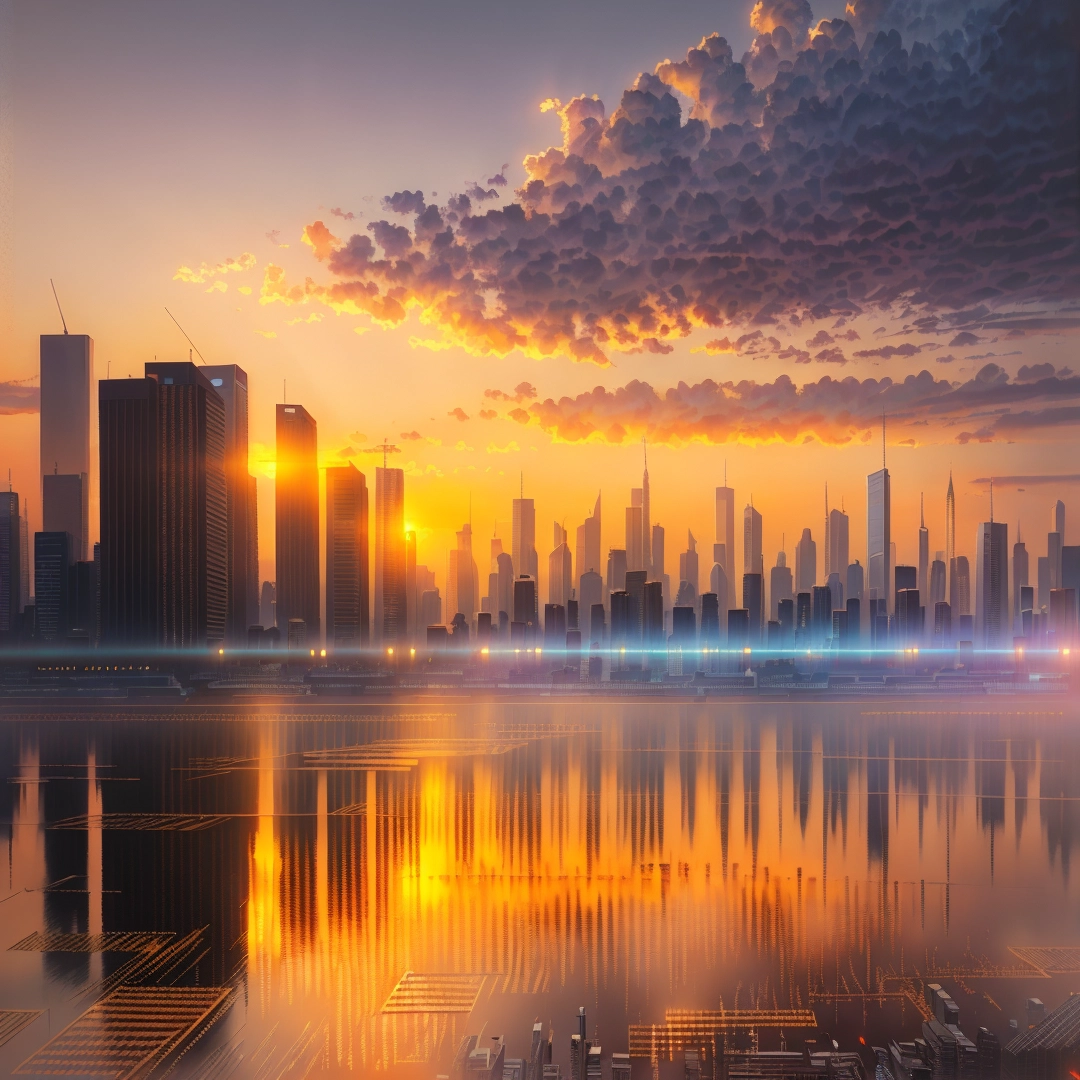 City skyline with a sunset reflecting in the water