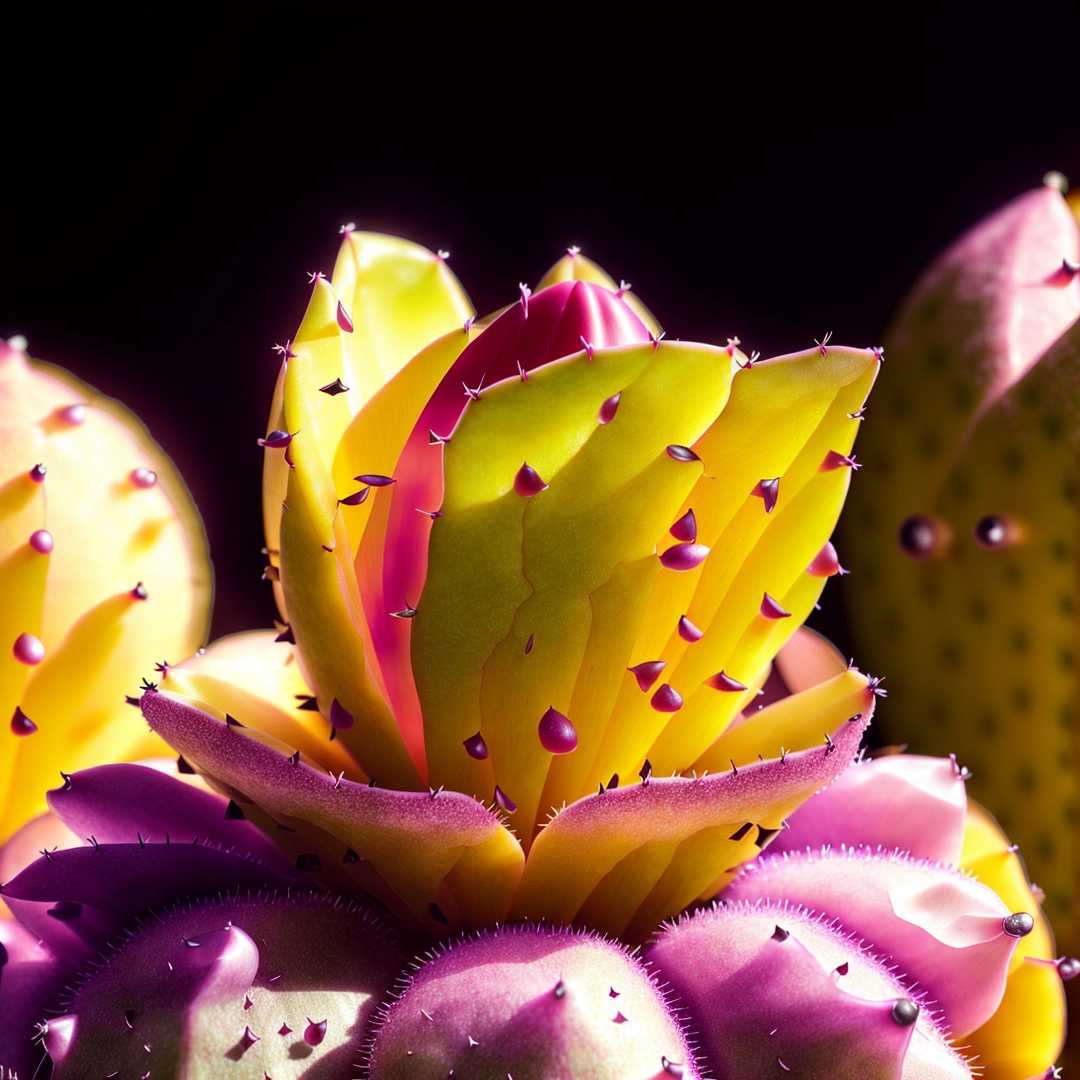 Close up of a cactus with many flowers on it's head and a black background behind it