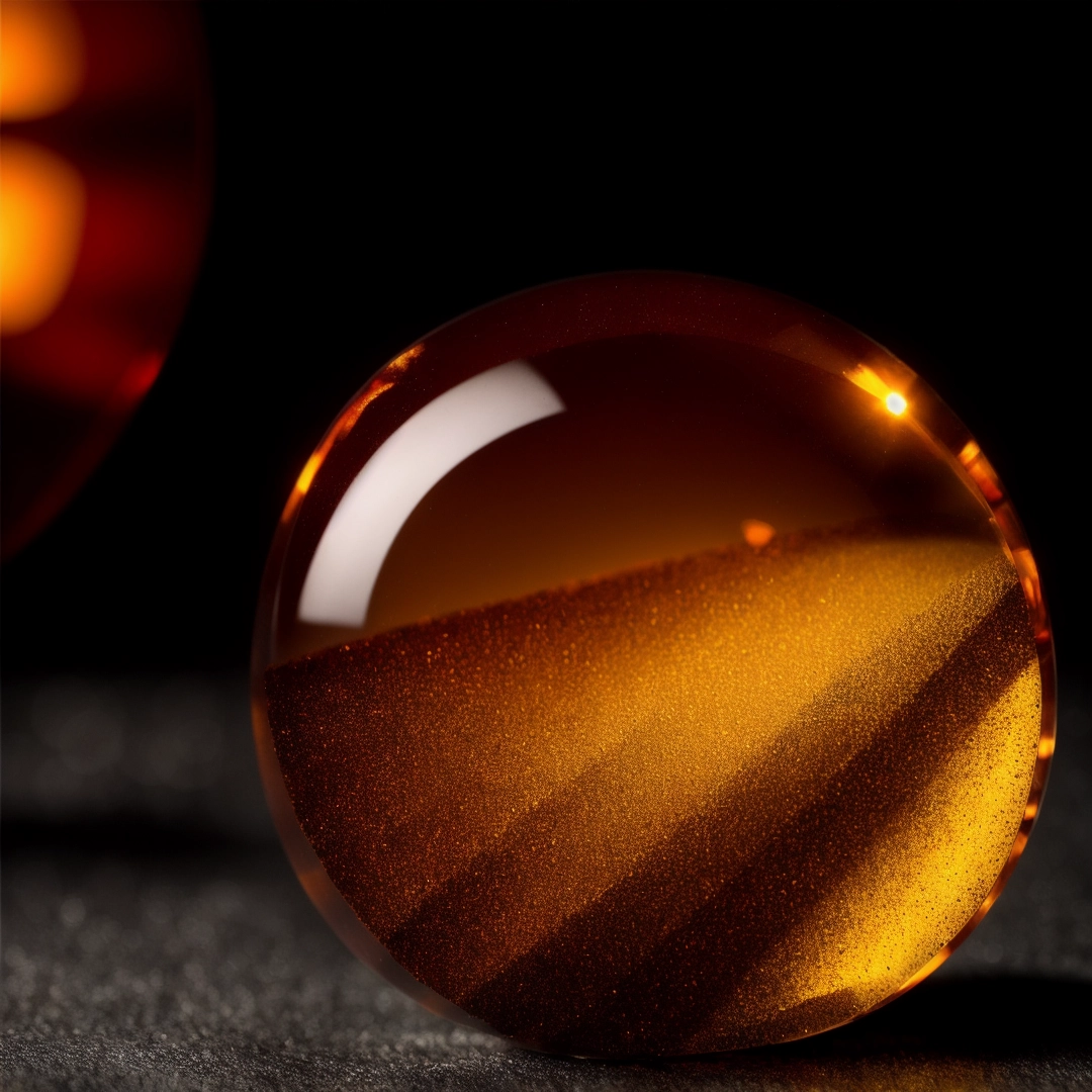 Close up of a glass ball on a table top with a black background and a light reflecting off of it