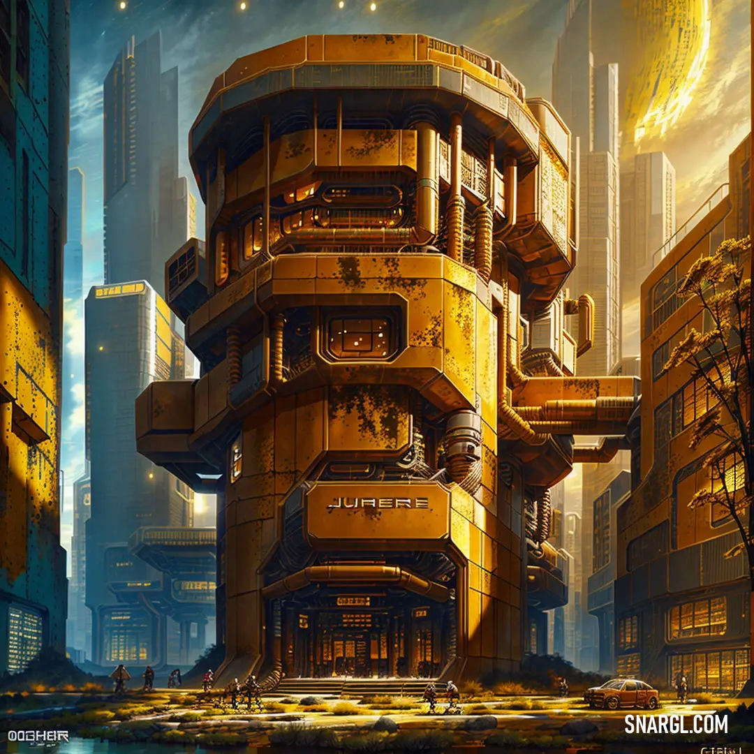 Futuristic city with a giant yellow building in the middle of it's street and a yellow clock tower. Color Amber.