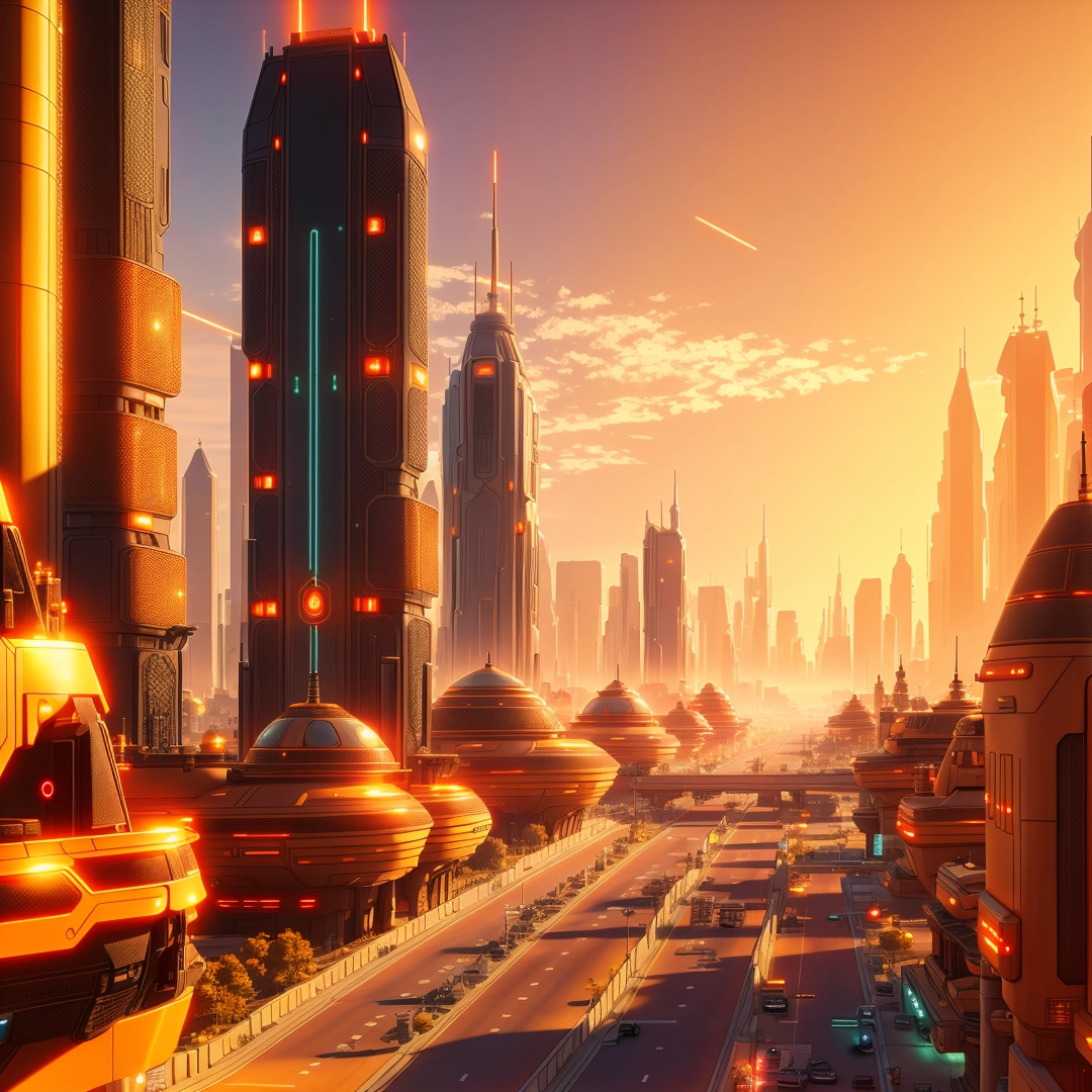 Futuristic city with a lot of tall buildings and a lot of traffic on the road in front of it