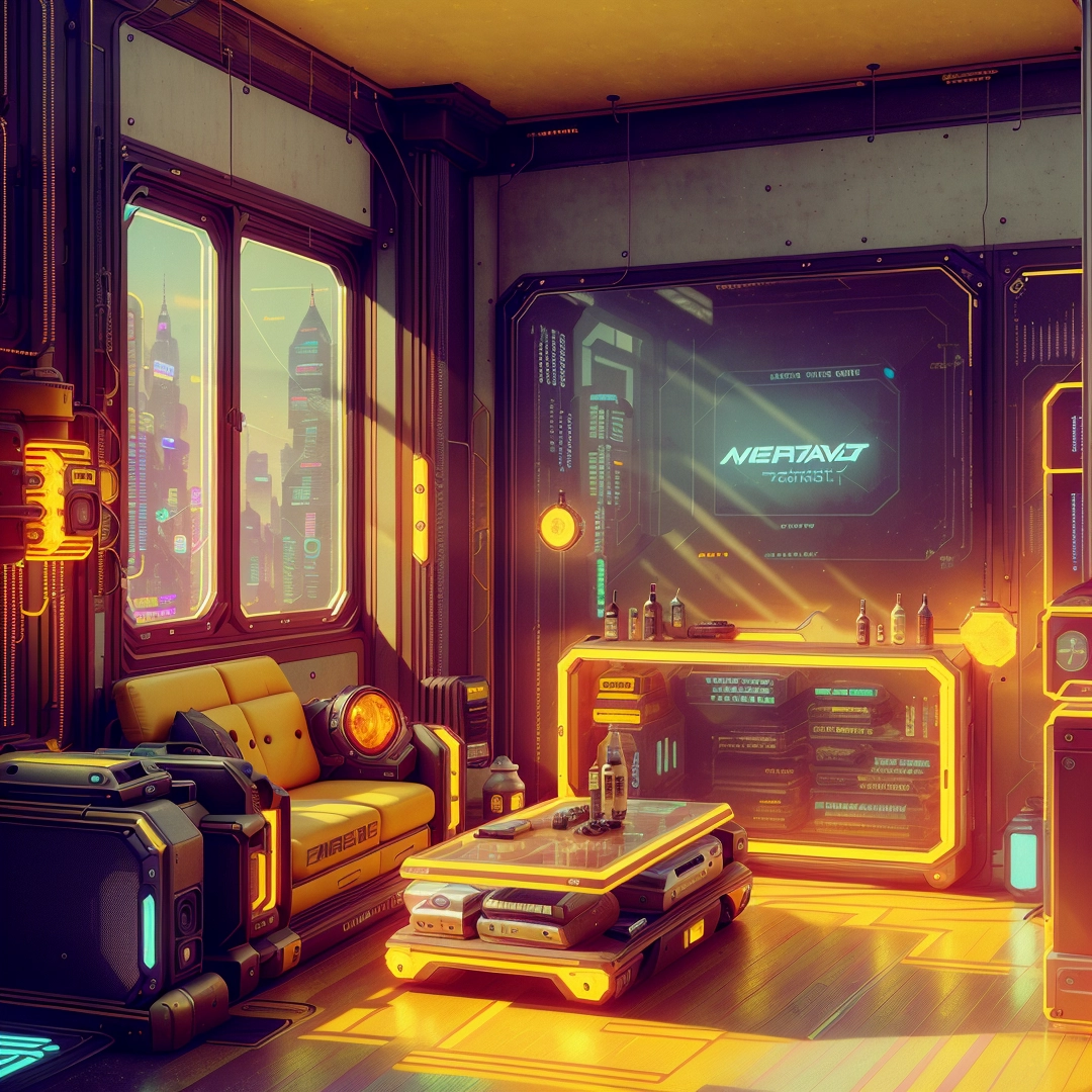 Futuristic living room with a yellow couch and a table in the middle of the room with a neon light