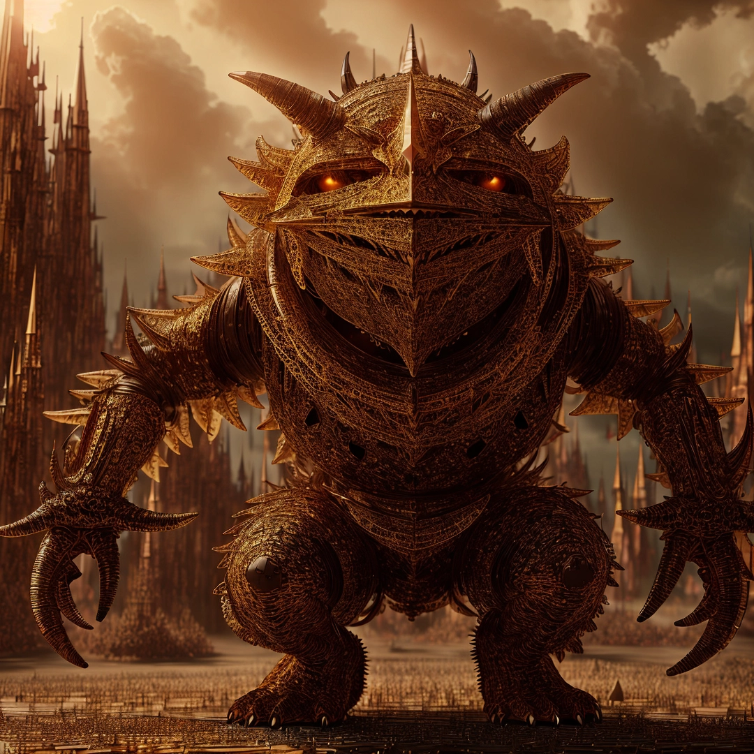 Giant creature with horns and huge eyes standing in front of a castle with a giant spire in the background