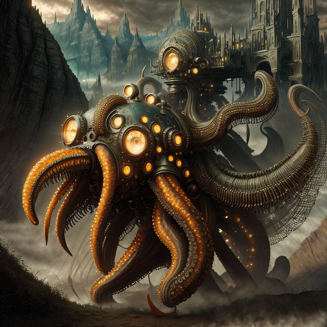 Giant octopus with glowing eyes and tentacles in a fantasy landscape with a castle in the background and fog