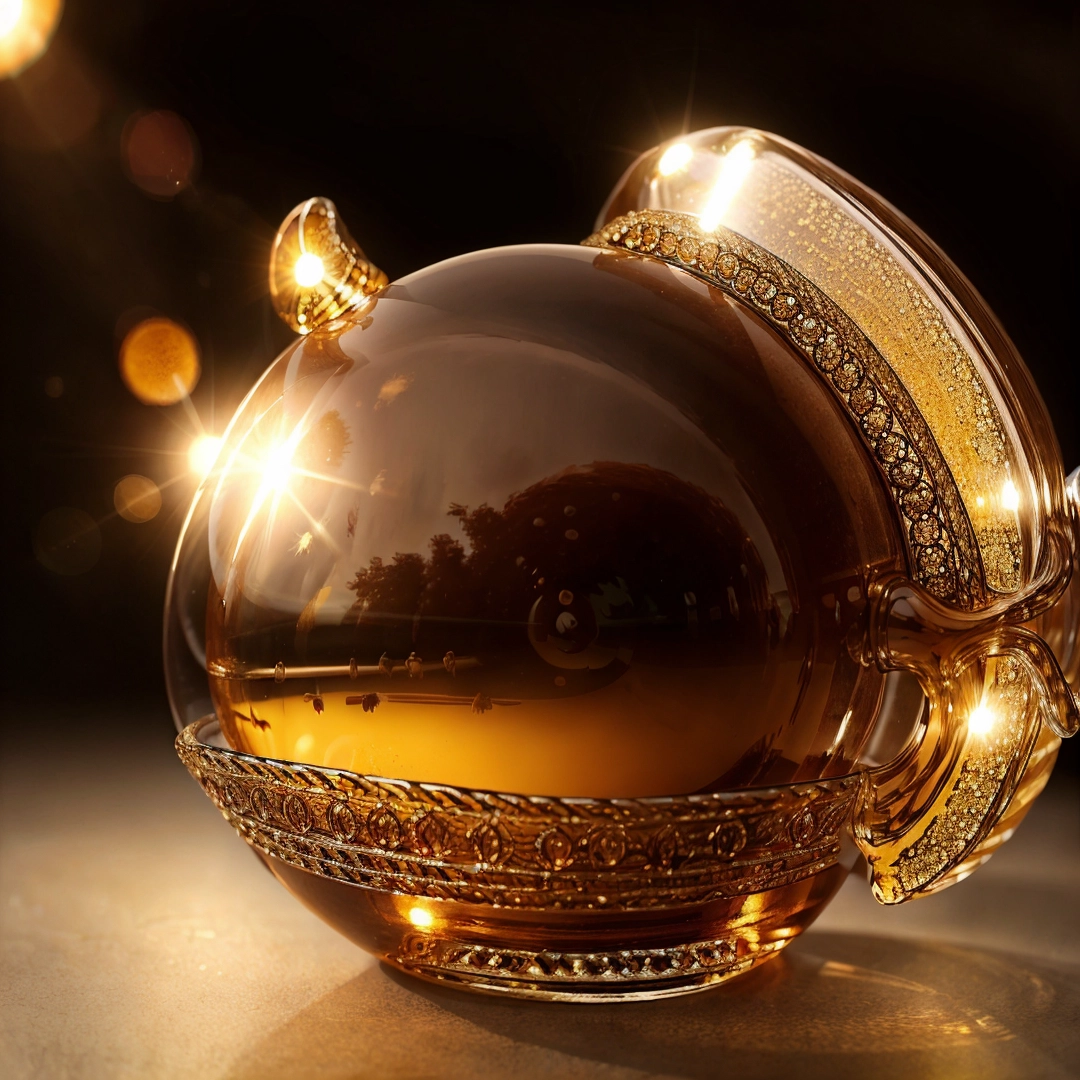 Glass jar with a golden lid on a table with lights around it and a black background