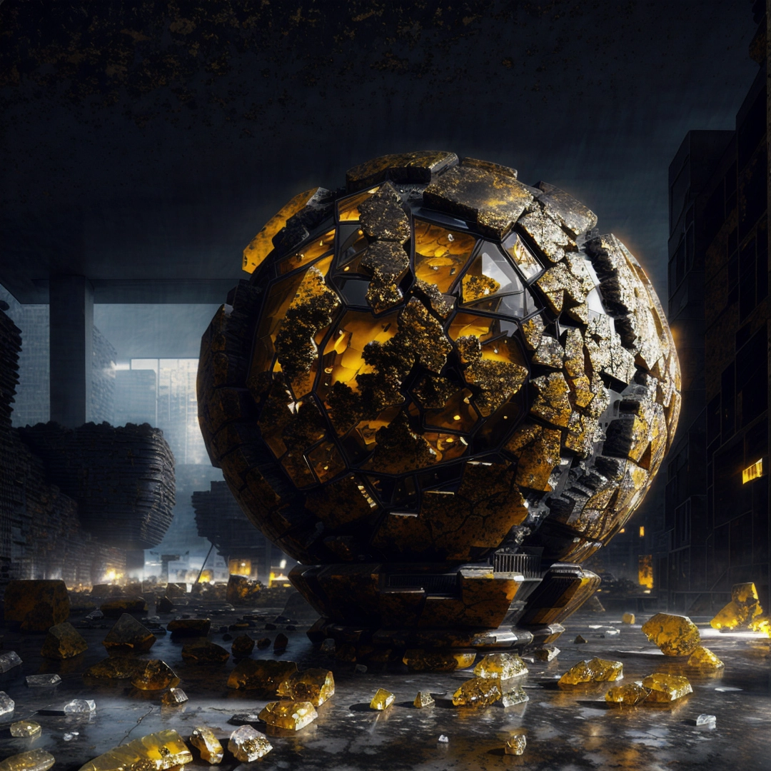 Large ball of gold is surrounded by rubble and debris in a city at night time