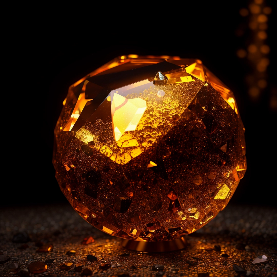 Large orange diamond on top of a table next to a black background with lights on it and a black background