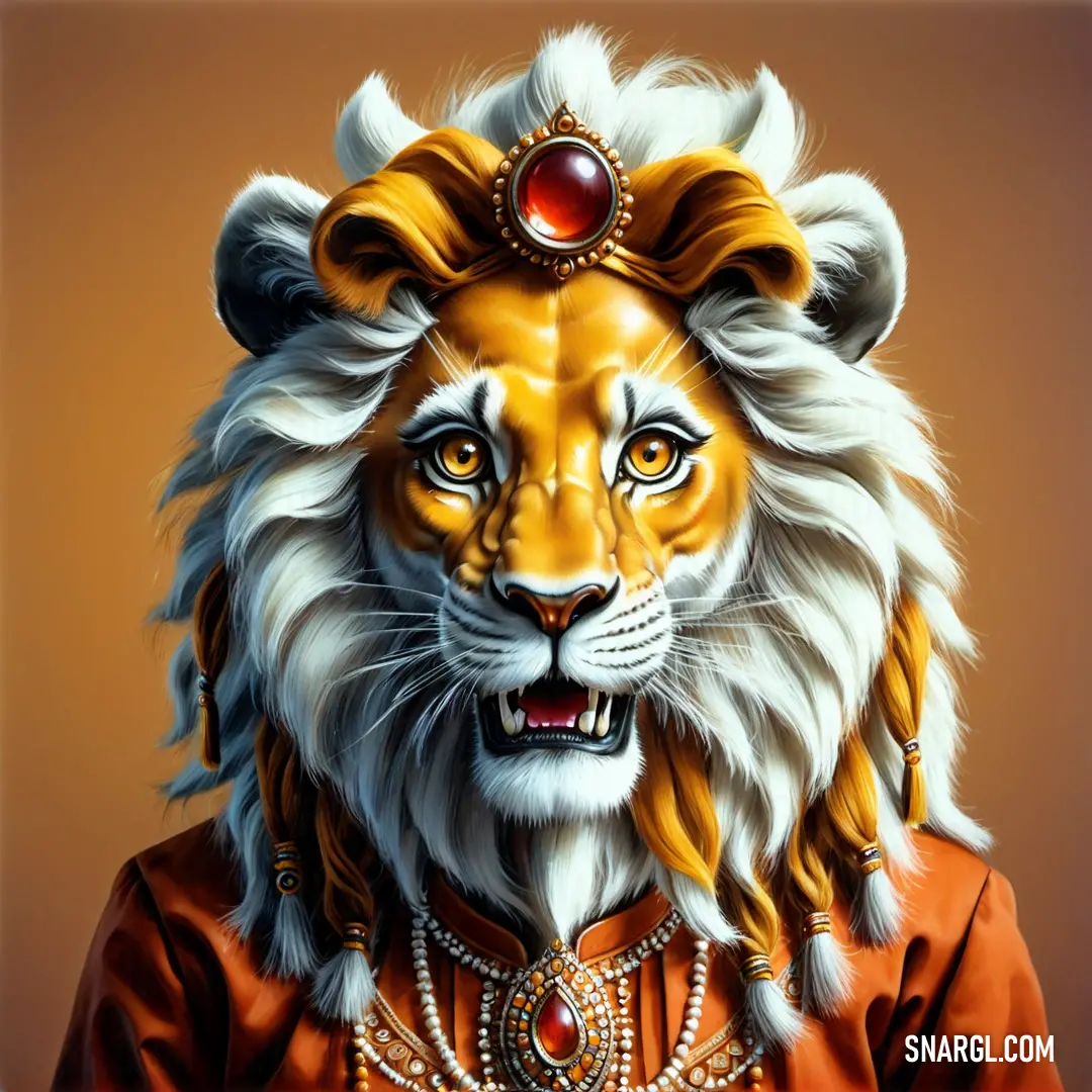 Lion with a crown on its head and a necklace around its neck. Color Amber.