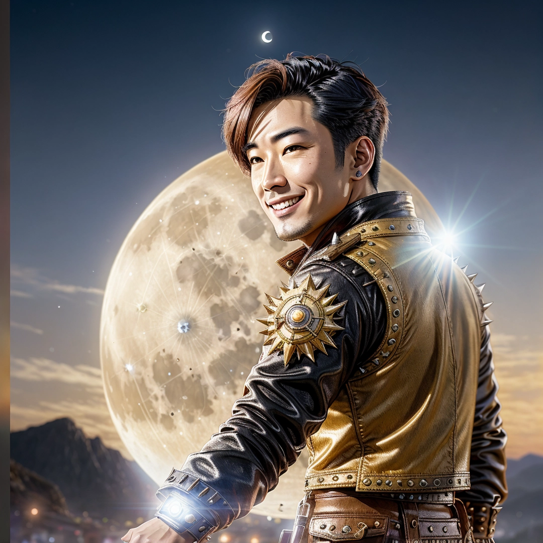 Man in a leather jacket holding a sword in front of a full moon and a cityscape