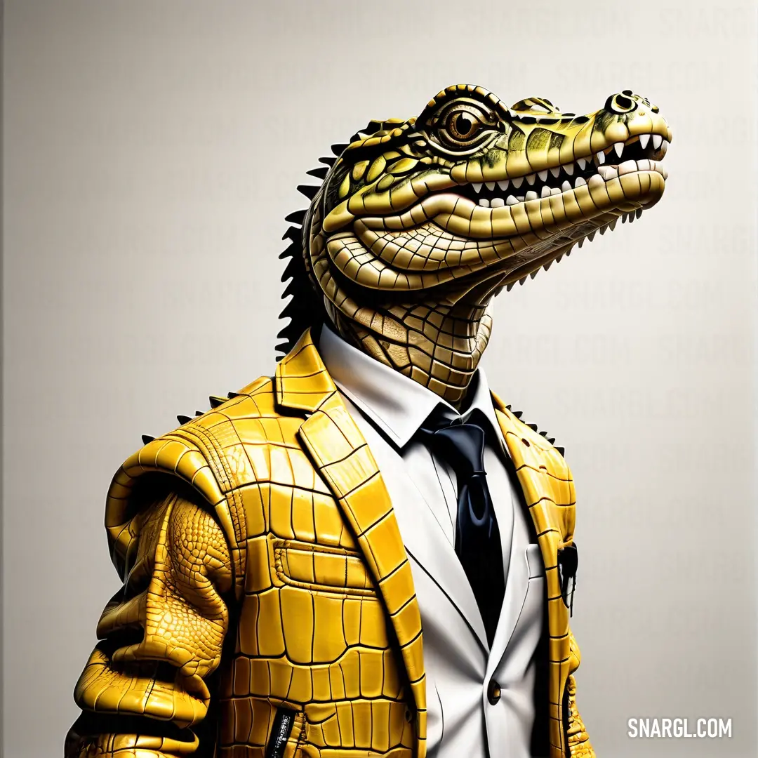 Amber color example: Man in a suit and tie with a crocodile head on his head and a yellow alligator suit on