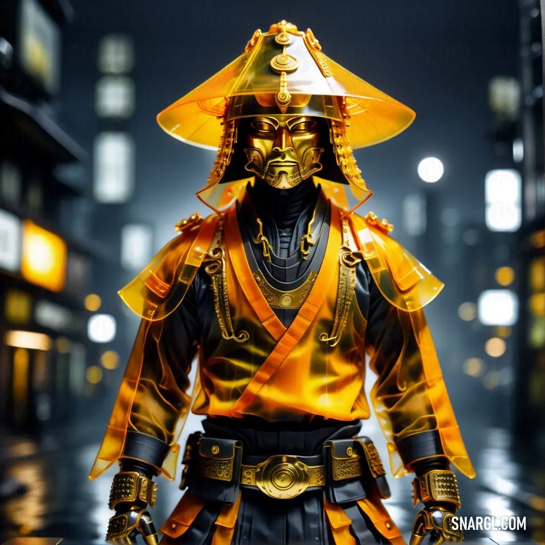 Man in a yellow and black outfit and hat standing in a street at night with a city in the background. Color #FFBF00.