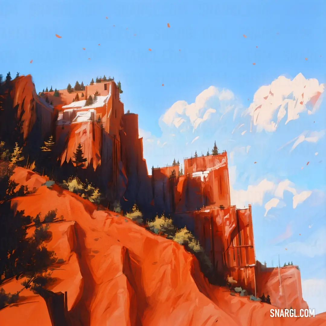 Painting of a mountain with a castle on top of it and trees on the side of it and a sky background
