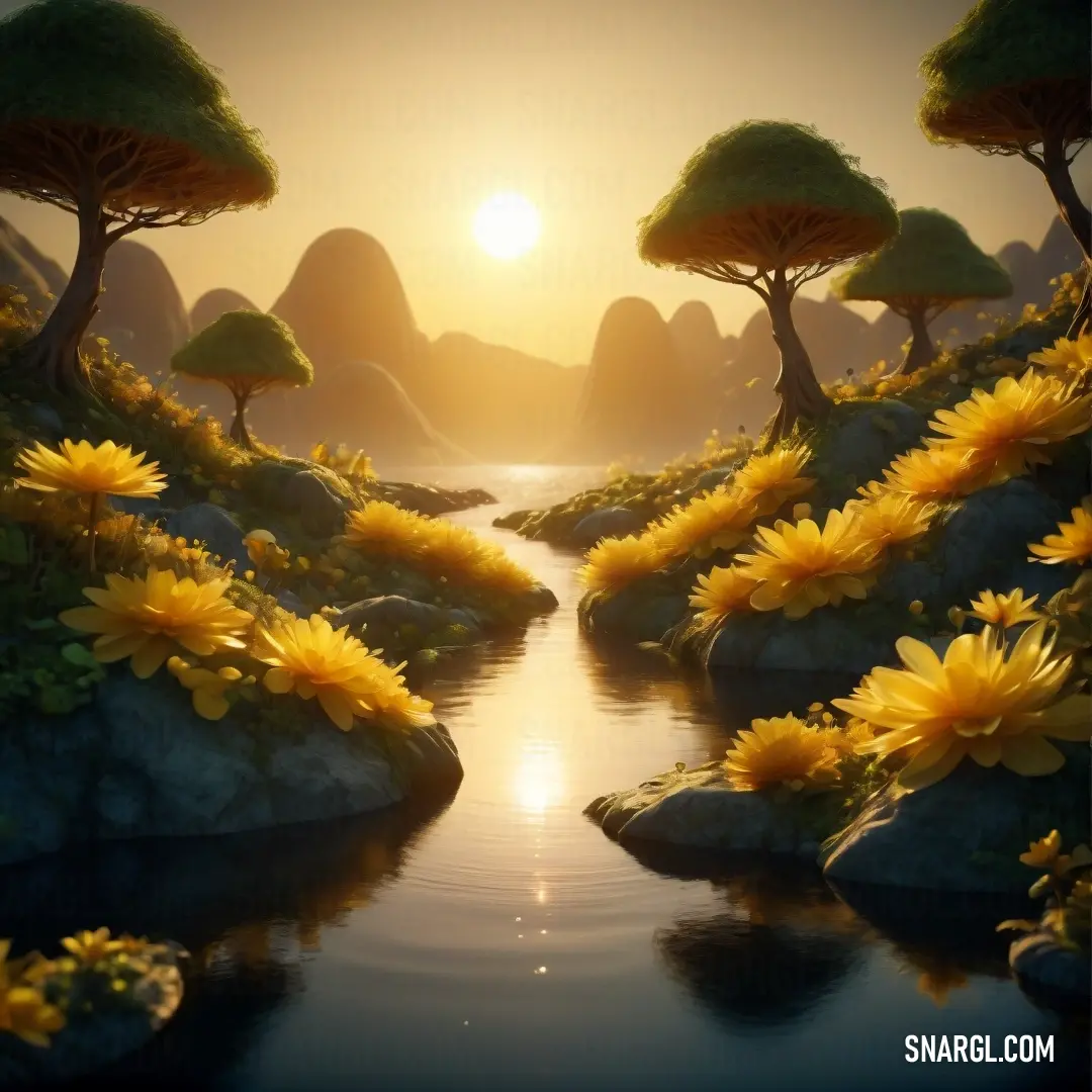 Painting of a river with yellow flowers in the foreground and a mountain range in the background with a sun setting