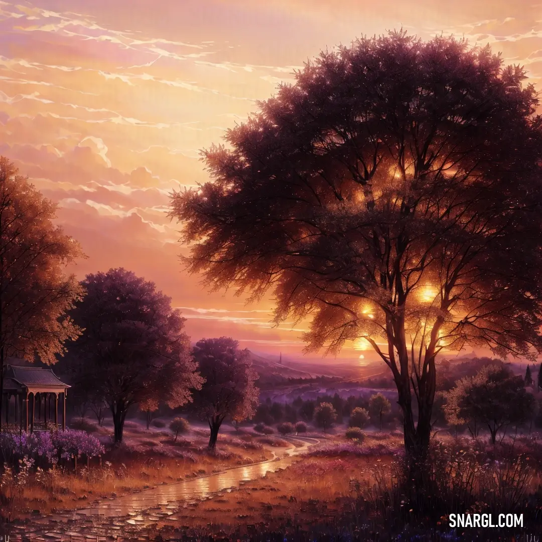 Painting of a sunset with a tree and a stream in the foreground and a house in the background