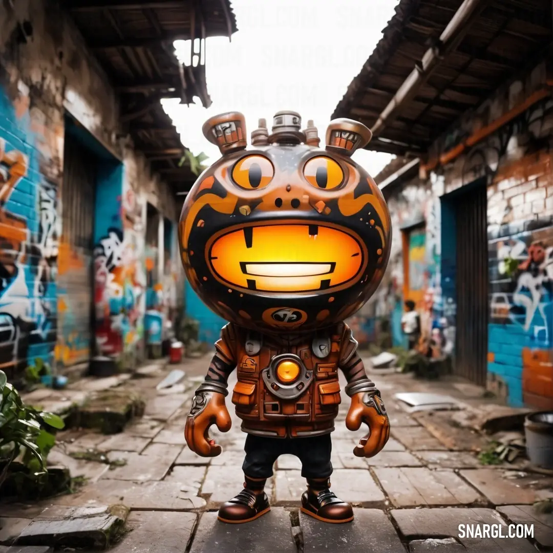 Amber color example: Robot standing in a alley with graffiti on the walls and a building in the background