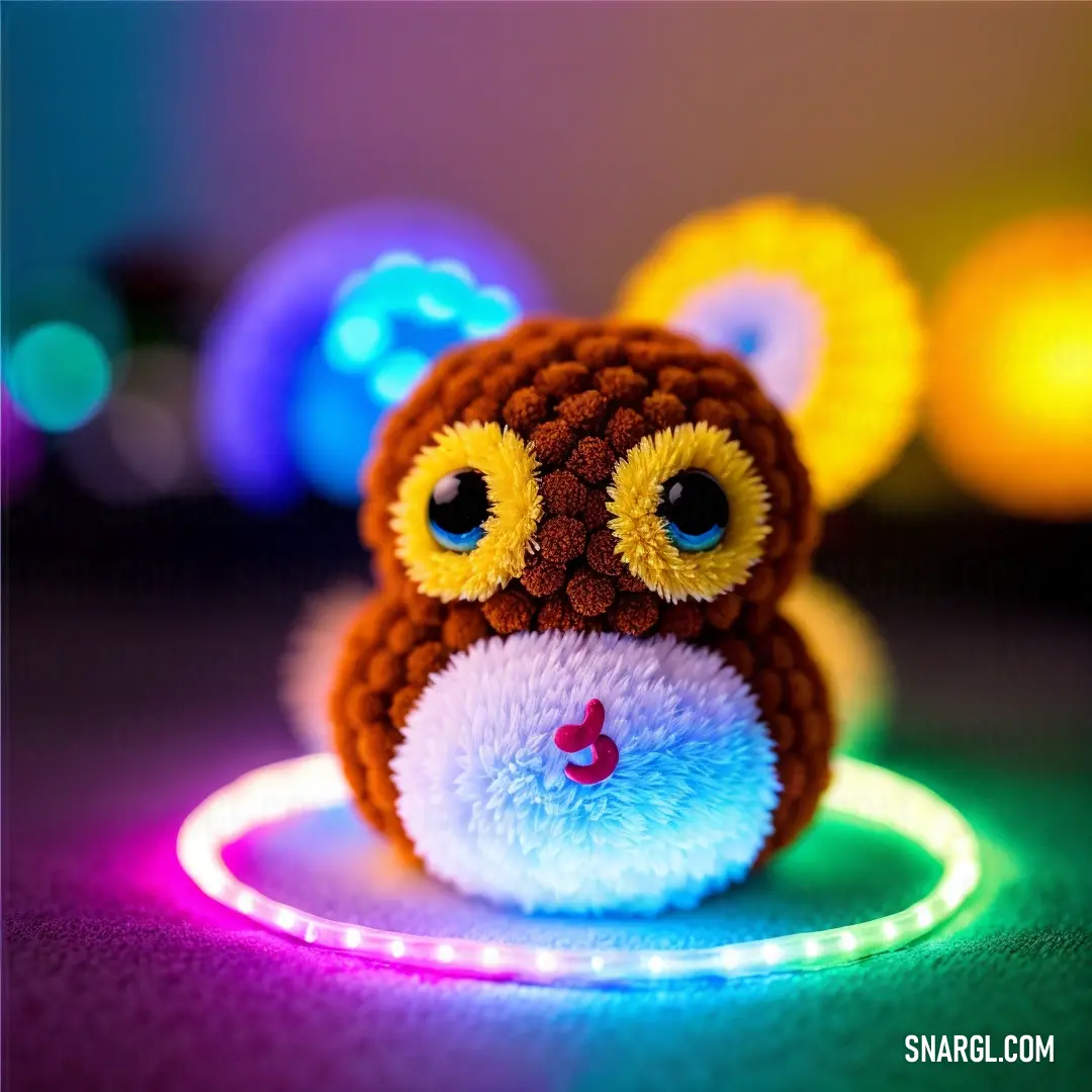 Small stuffed animal with a light around it's neck and eyes. Example of RGB 255,191,0 color.