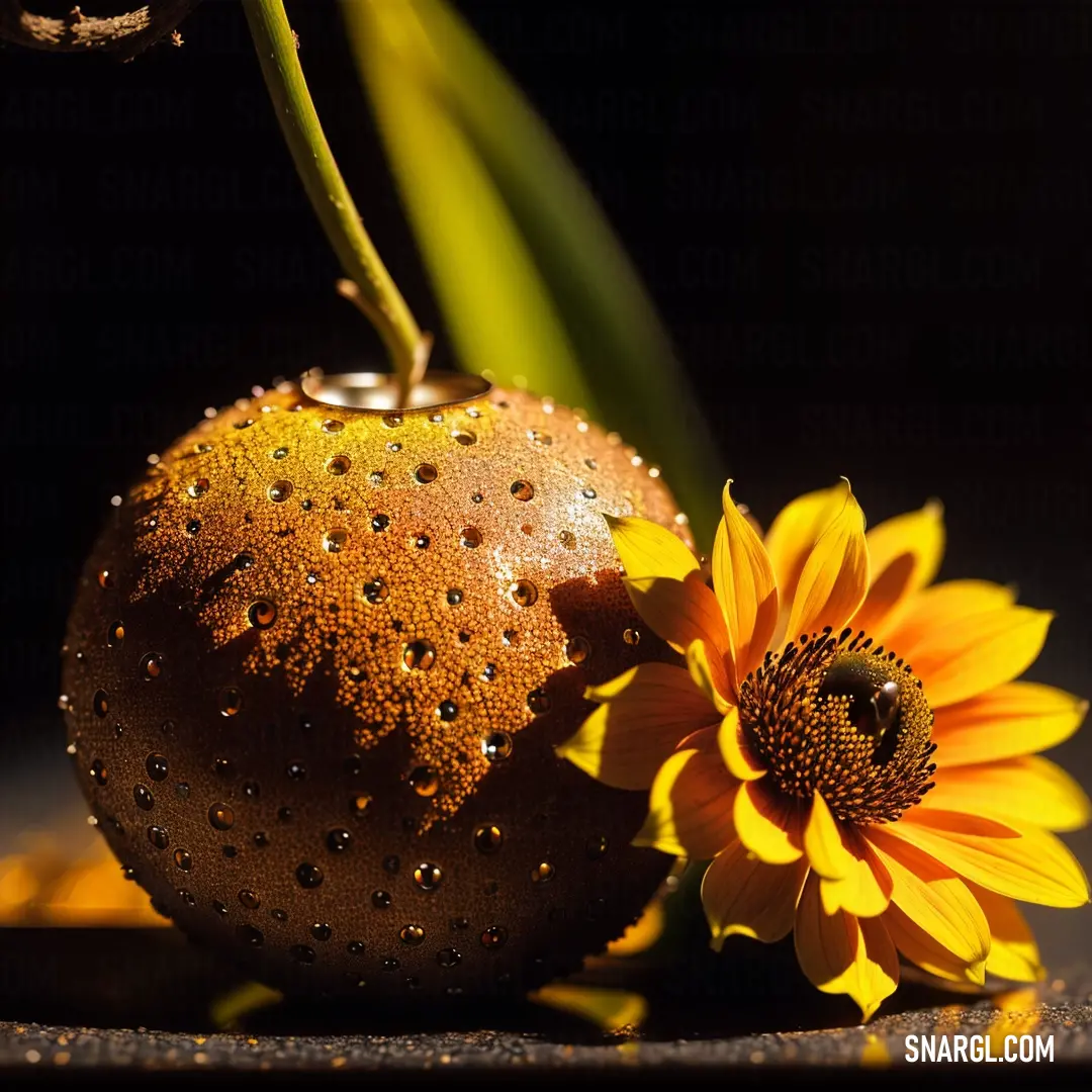 Sunflower and a decorative vase with water droplets on it's surface