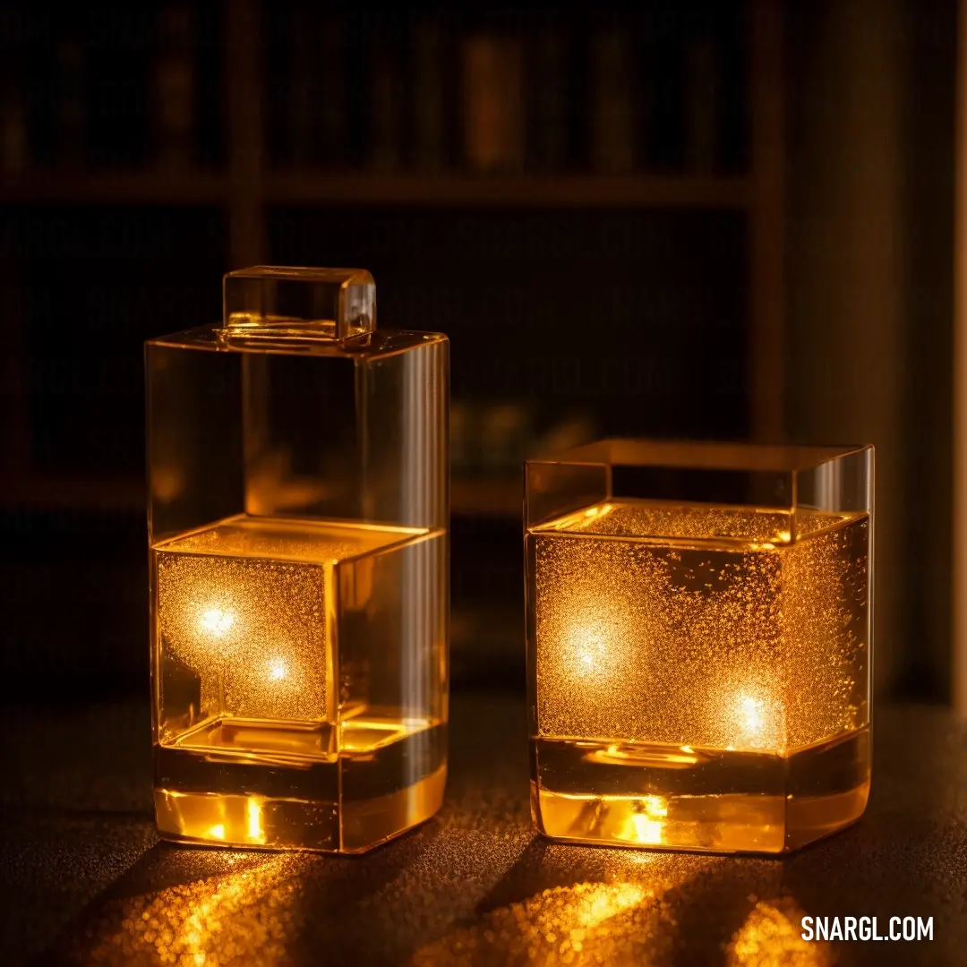 Two square glass candlesticks with lights inside of them on a table in a dark room with a bookcase