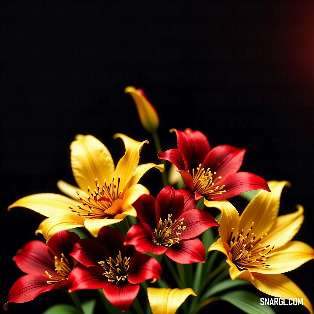 Vase filled with red and yellow flowers on a table top next to a black background with a red light. Example of Amber color.