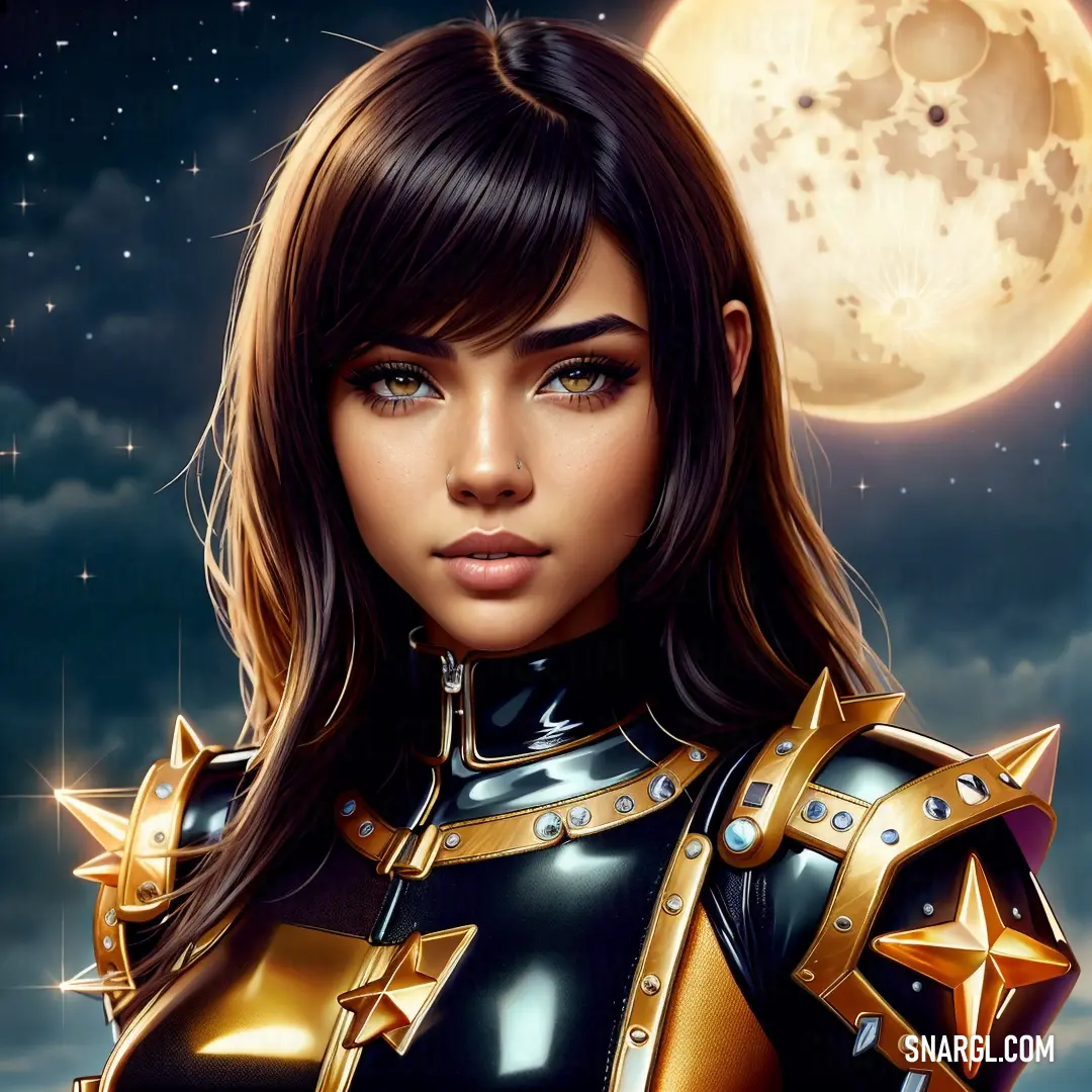 Woman in a black and gold outfit with a full moon in the background and stars in the sky