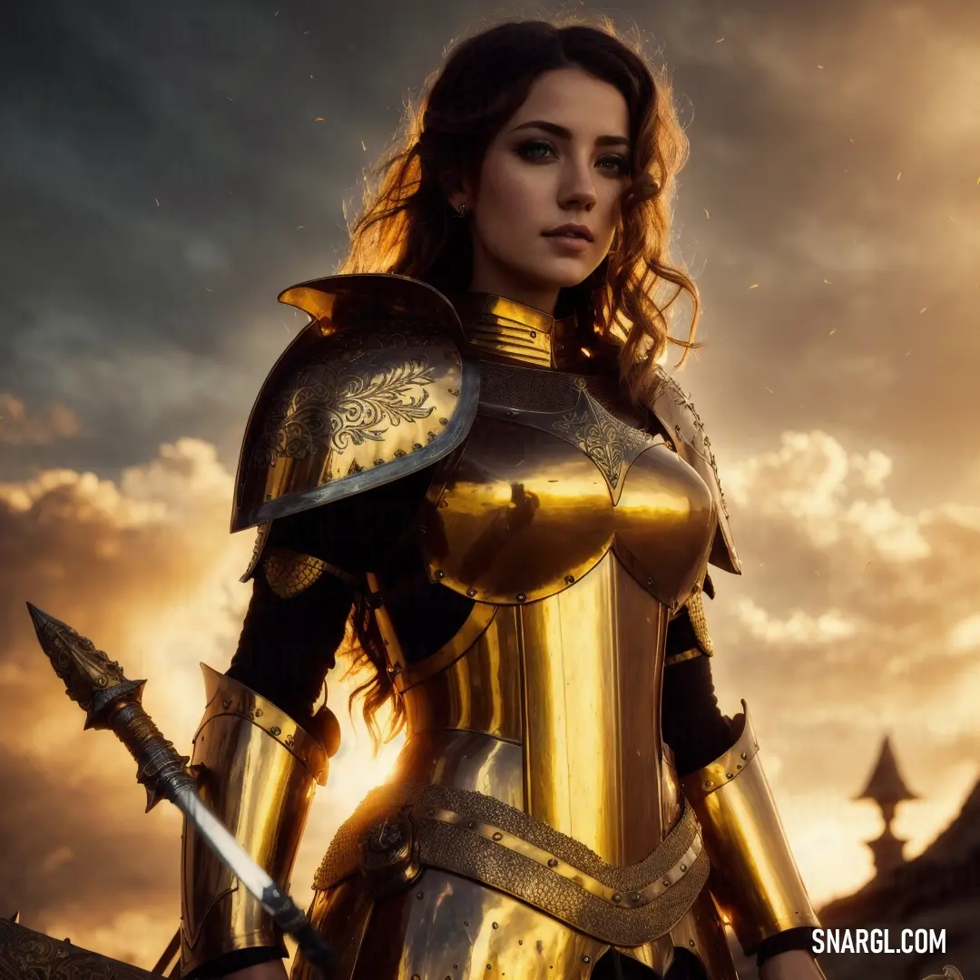 Woman in a gold armor holding a sword