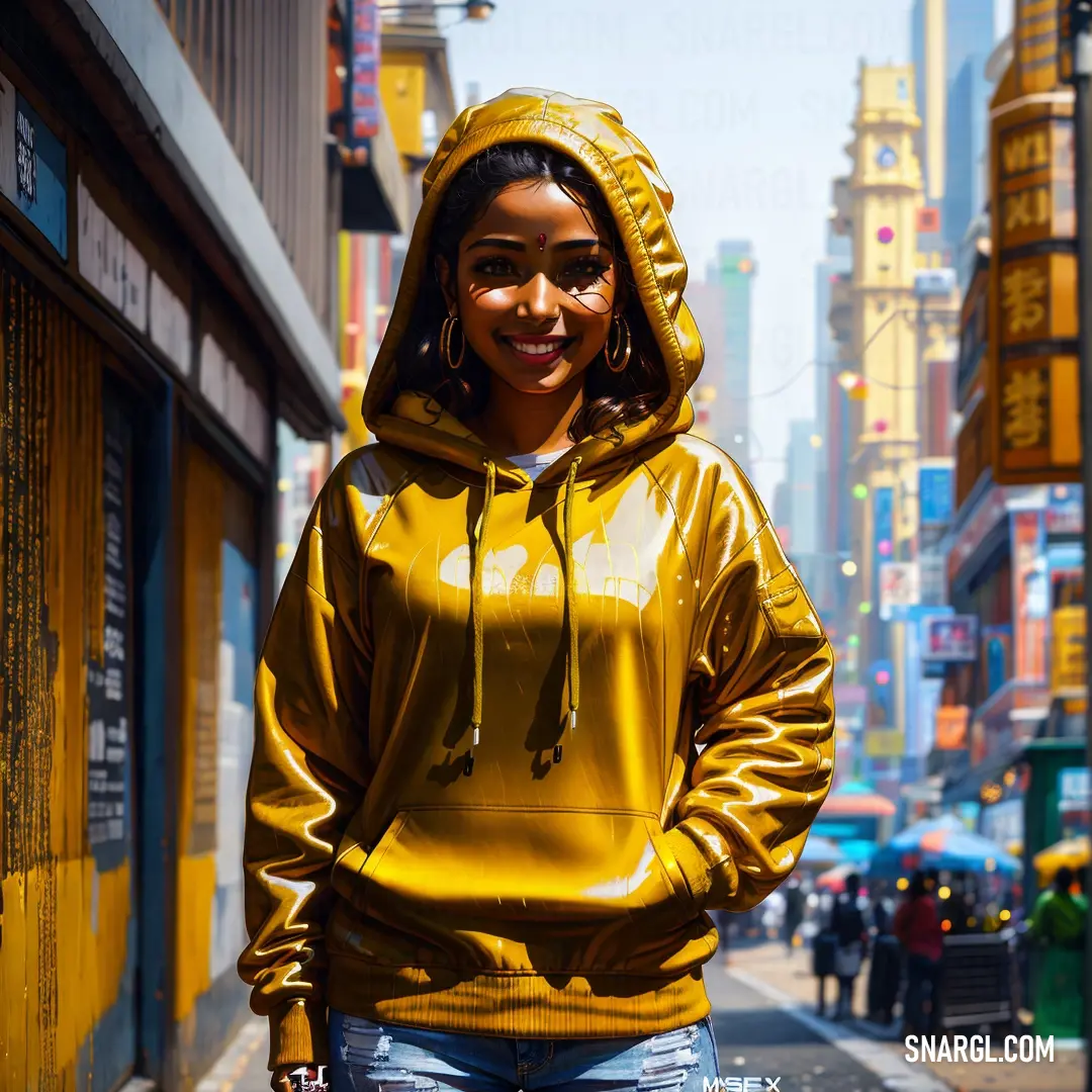 Woman in a yellow hoodie is standing on a street corner in a city with buildings and people
