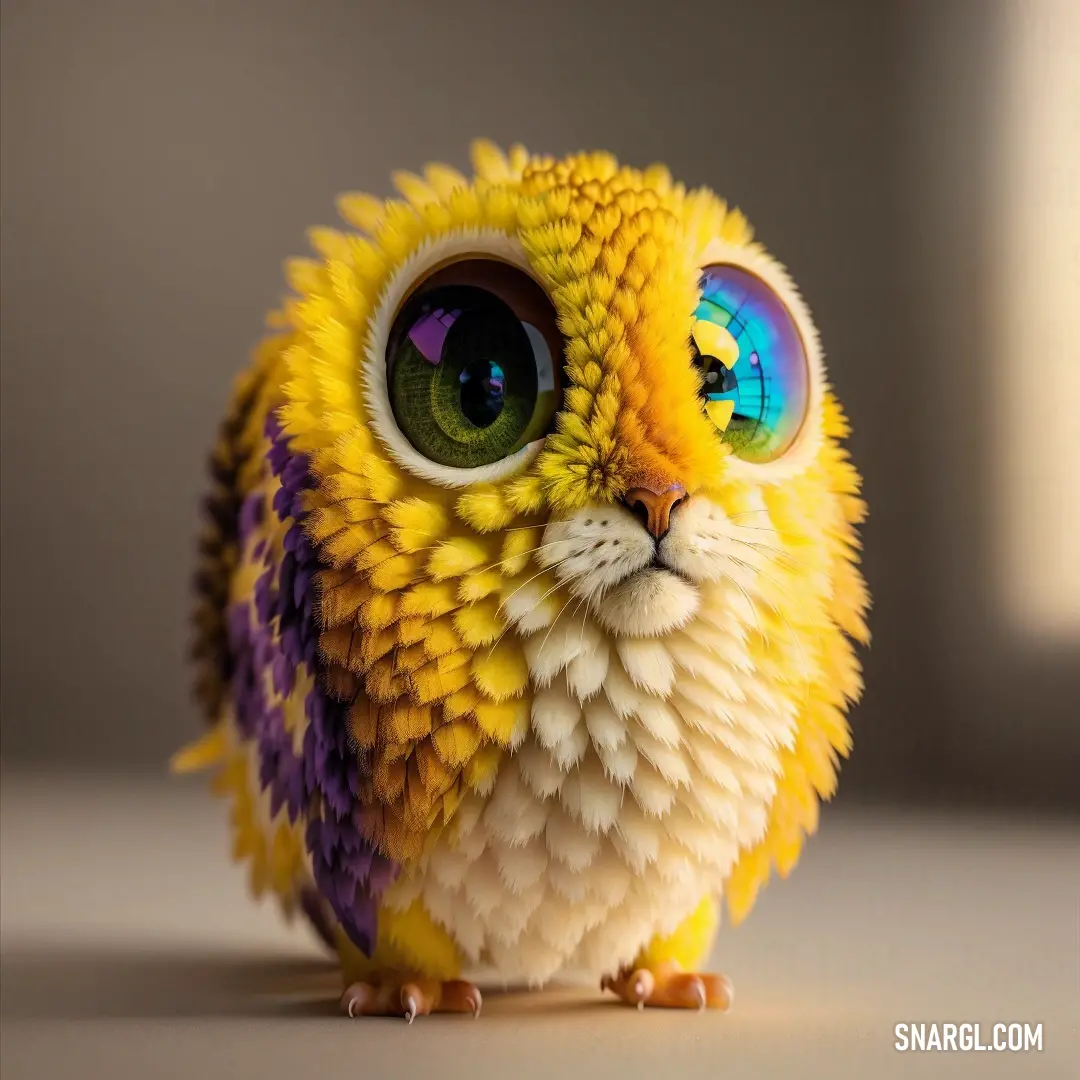 Amber color. Yellow and purple owl with big eyes on a table with a shadow of a window behind it