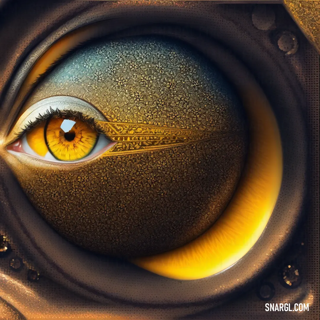 Yellow eye is seen through a speaker's hole in a picture frame with a yellow background