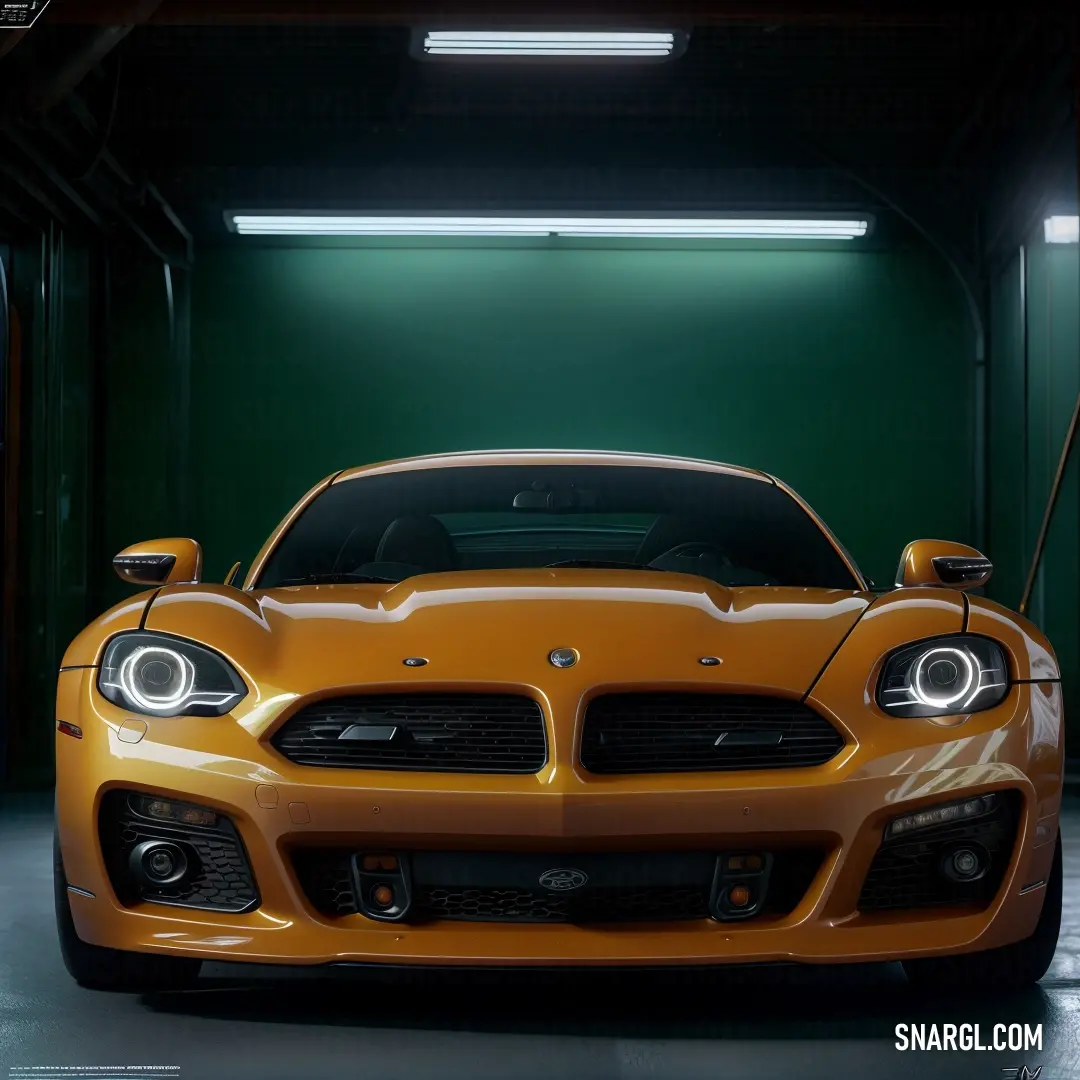 Yellow sports car parked in a garage with a green wall behind it and a green light above it