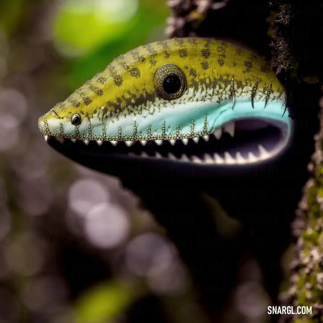 Close up of a green and black animal with its mouth open and teeth out on a tree branch